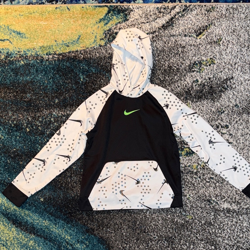 Nike Black and White Hoodie with Neon Green Swoosh